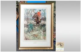 Signed Limited Edition Print of a Huntsman Chasing The Fox, printed in vivid colours. Pencil signed