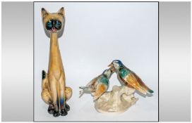 Jema, Holland Pottery Cat Figure, in sitting position, yellow lustre finish.  16 inches in height.