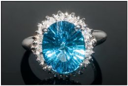 14ct Gold Diamond & Blue Topaz Ring, Ring Size R
