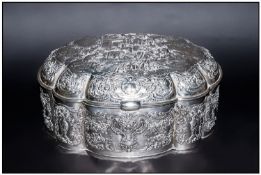 A Very Fine German Silver 19th Century Casket Lidded Box The dome shaped cover with embossed scenes