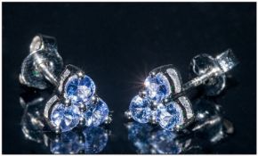 Tanzanite Triangular Cluster Earrings, each cluster stud, with post and push back fittings, in
