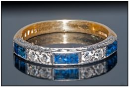 Ladies 18ct Gold Diamond & Sapphire Ring, 3 Sets Of 2 Emerald Cut Sapphires Between 2 Sets Of 2