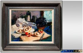 Tom Oldham Framed Oil on Board, Still Life, Signed Lower Left 14.5`` x 12``