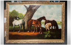 Large Oil On Canvas After A Painting By Geo Stubbs, depicting horses with their foals in a gilded