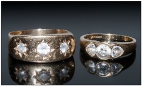 Two 9ct Gold Dress Rings Each Set With 3 Faceted CZ Stones Both Fully Hallmarked, Ring Size R & L