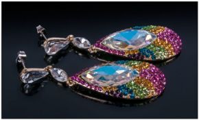 Pair of Multicoloured Crystal Teardrop Earrings, each earring having a large Aurora Borealis,