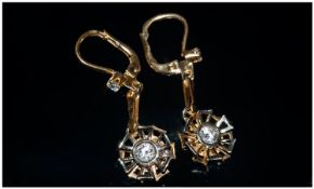 Pair Of Ladies 18ct Gold Diamond Set Earring Drops, Each set With A Round Cut Diamond Above A