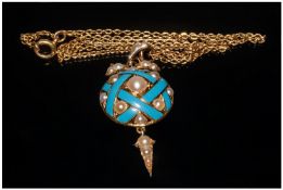 Victorian Pearl Set Pendant Drop, Circular Floral Form With Turquoise Enamelling Between Split