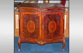 French Double Door Serpentine Shape Mahogany Inlay Side Cabinet, with central panels to the doors