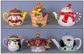 A Good Collection Of Hand Painted Novelty Teapots, 6 in total. Various shapes & sizes.