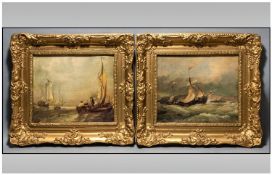 Two Seascape Prints, depicting Boat in choppy waters & figures on a boat. Each housed in elaborate