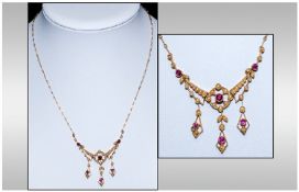 Edwardian Very Fine & Impressive 18ct Gold Set Ruby & Seed Pearl Necklace/Pendant. Marked 18ct.