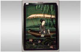 Japanese Painting on Glass c 1920`s. Ebony style frame depicting a Japanese lady in a boat in a