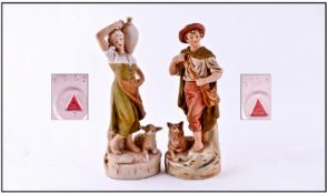 Royal Dux Pair Of Figures ``Shepherd`` And ``Water Carrier`` Circa 1900. Pink triangle to base.