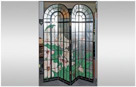 Unusual Shaped Top Lacquered Four Panel Folding Screen, the arched top in two sections with