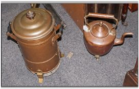 Copper Water Boiler, 21 inches high. Together with copper kettle and brass trivet (3) pieces in