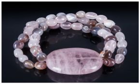Rose Quartz and Botswana Agate Bracelet, large, flattened oval piece of rose quartz centred on