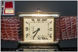 Ladies Must De Cartier 925 wristwatch, Gold Plated Rectangular Case Numbered 6 047904, Champagne