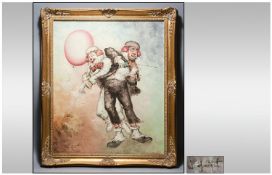 Framed Oil on Canvas. `Dancing Clowns` by W Moninet. Signed lower left. Gilt Frame. 19 by 23