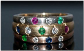 18ct Gold Multi Gem Set Ring 3 Vari-Coloured Bands Each Set With Alternating Diamonds, Sapphires,