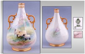 Royal Worcester Harry Davies Handpainted & Signed Small Two Handled Vase `Sheep Grazing in a Lilac