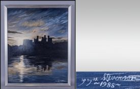 Acrylic Of A Castle At Dusk by Jayne Stevenson. Dated 1988, 17x21``