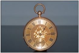 Gents 14ct Gold Open Faced Pocket Watch, Gilt Dial With Central Floral Engraving, Engine Turned