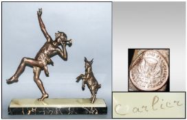 French Art Deco Fine Signed Spelter Figure of a pan and goat dancing. Raised on a marble base.