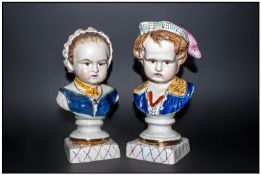 German Factory - Late 19th Century Pair of Hand Painted Ceramic Busts of Young Children. Impressed