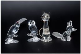 Swarovski  Silver Crystal Items 4 in total, 1. Cat with floppy metal tail, Number 7634 NR 070,