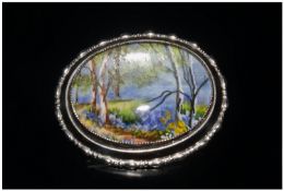 Silver Brooch With Hand Painted Scene