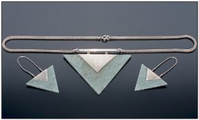 English Lakeland Slate & Silver Necklace & Earrings Set, the pendant and earrings of triangular