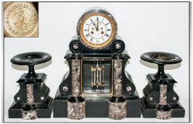 Japy Freres French - Paris Impressive and Quality Black Marble 8 Day Striking Garniture Clock Set.