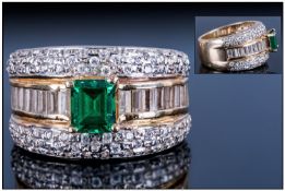 18ct Gold Baguette & Brilliant Cut Diamond & Emerald Dress Ring, The single stone Emerald of good