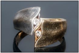 18ct Gold Diamond Set Dress Ring Modern Design In White Brushed And Yellow Gold Set With Two Round