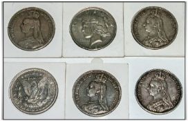 A Good Collection of ( 4 ) Victorian Silver Crowns and Two American Silver Dollars. ( 6 ) Coins In