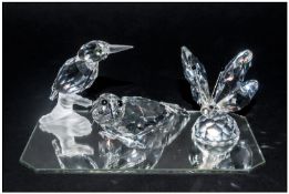 Swarovski Crystal Figures, 3 in total. 1. Walrus, 7646 NR 085 000, 3.5`` in length. 2. Butterfly