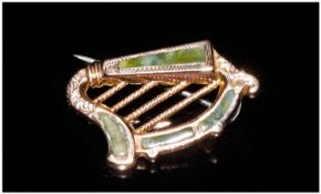 9ct Gold Novelty Harp Brooch Set With Green Hard Stone, Fully Hallmarked For Birmingham g 1906