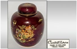 Carltonware Lidded Ginger Jar Mikado pattern on Rouge Royal Ground. Excellent condition. 7.5`` in