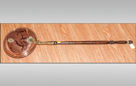 Wooden Handled, Copper Bed Pan. 44`` in Length.