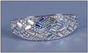 Aurora Borealis Crystal Cuff Bangle, the front fully covered with baguette cut Austrian AB crystals