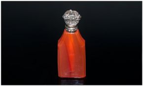 An Unusual French Agate Perfume Bottle of unusual tapering form, with a silvered metal embossed top