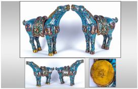 Pair Of Antique Chinese Enamel Horse Incense Burners. The standing horses with saddles on. Their