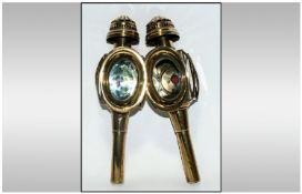 A Vintage And Good Quality Pair Of Brass Coach Lamps no bracelet. Good condition & colour. Each