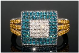 9ct Gold Blue/Yellow/White Diamond Cluster Ring, Ring Size R