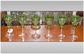 Collection Of Six Faceted Wine Glasses, Green cased faceted bowls with etched grape vine