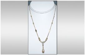 Edwardian 9ct Gold & Pearl Drop Necklace with pierced & openwork decoration. Marked 9ct. 16`` in