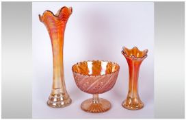 Three Pieces of Orange Carnival Glass.