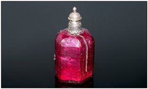 An Unusual French Canister Shape Ruby Glass Scent Bottle with screw thread silver metal top c1860`