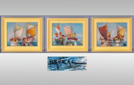 Set Of Three Yellow Framed Oil Paintings depicting Mediterranean or Arabic sailing boat scenes.